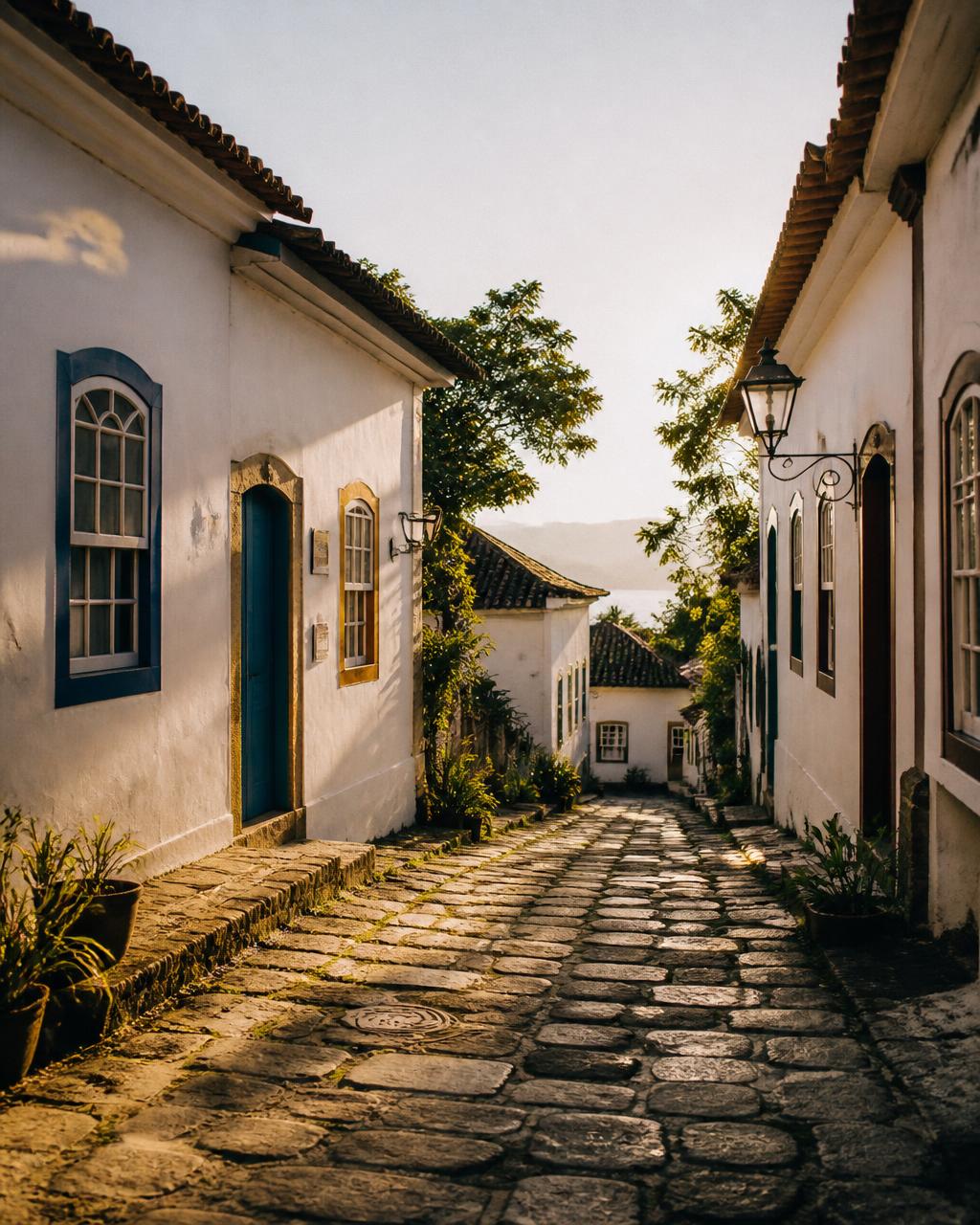Rua de pedra com casas coloniais brancas em Santo Antônio de Lisboa